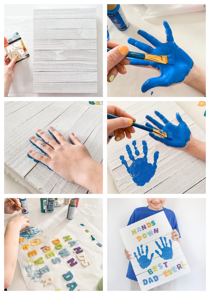 exemple de bricolage fête des pères facile avec empreintes de main en peinture bleue et des lettres colorées sur tableau à lattes de bois