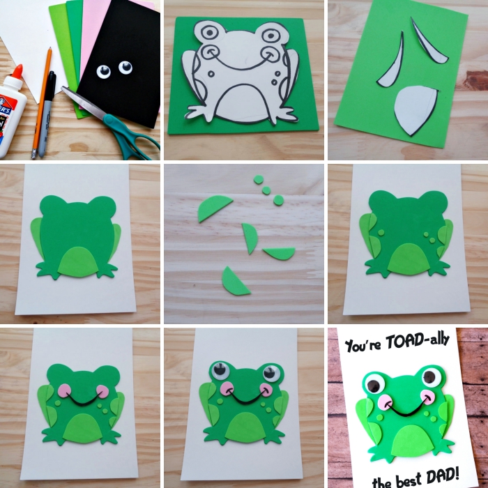 cadeau fête des pères maternelle, pas à pas pour réaliser une carte facile avec grenouille 3D en papier vert aux yeux mobiles