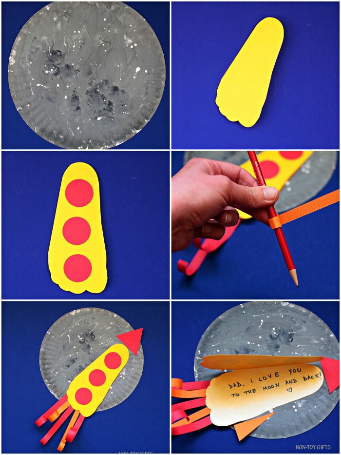 idee cadeau fete des peres à faire avec les enfants de la maternelle, bricolage avec des assiettes en carton pour réaliser un paysage lunaire et un fusée empreinte de pied