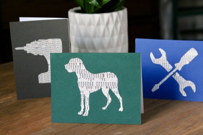 comment faire une carte facile pour la fête des pères, modèle carte en papier vert au motif chien découpé en papier lettres