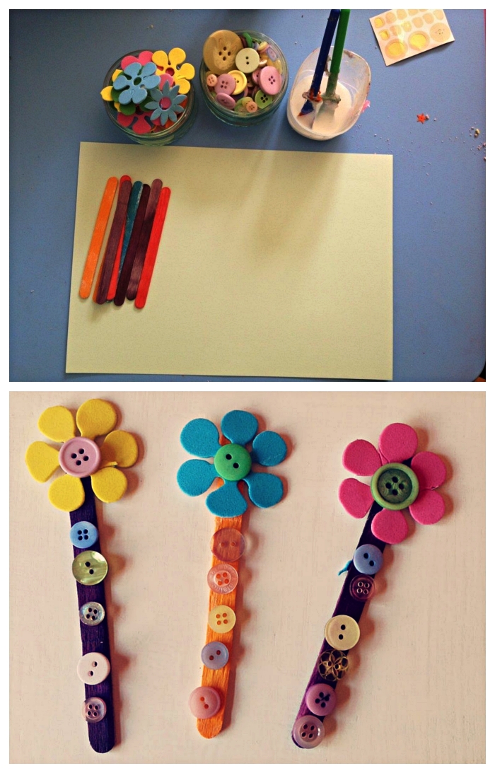 fabriquer des marque-pages fleurs en bâtonnets de bois décorés de boutons, activité fête des mères pour les tout petits