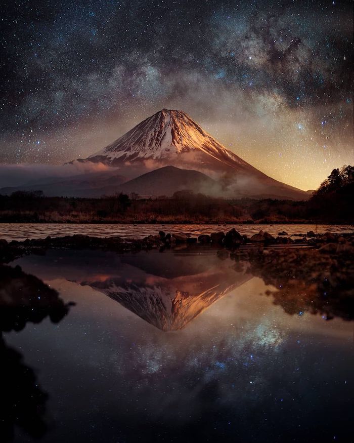 Sommet nuit paysage, japon paysage montagne et lac, les plus beaux pays du monde, beau paysage nature volcan au nuit étoilée 