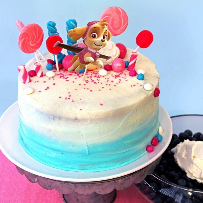 gâteau bleu et blanc, Stella qui vole, sucettes piquées sur le gâteau, personnage pat patrouille sympathique