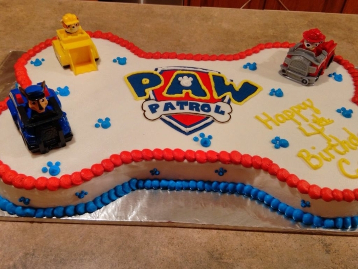 gâteau pat patrouille, logo pat patrouille, gâteau d anniversaire garçon, gateau enfant en forme d os