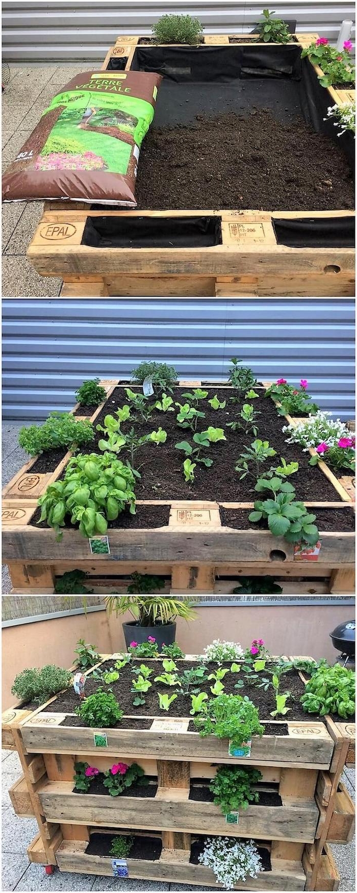 idee de jardiniere sur pied avec un lit aux légumes en temp et des fleurs rangrées sur les cotés, fabriquer carré potager