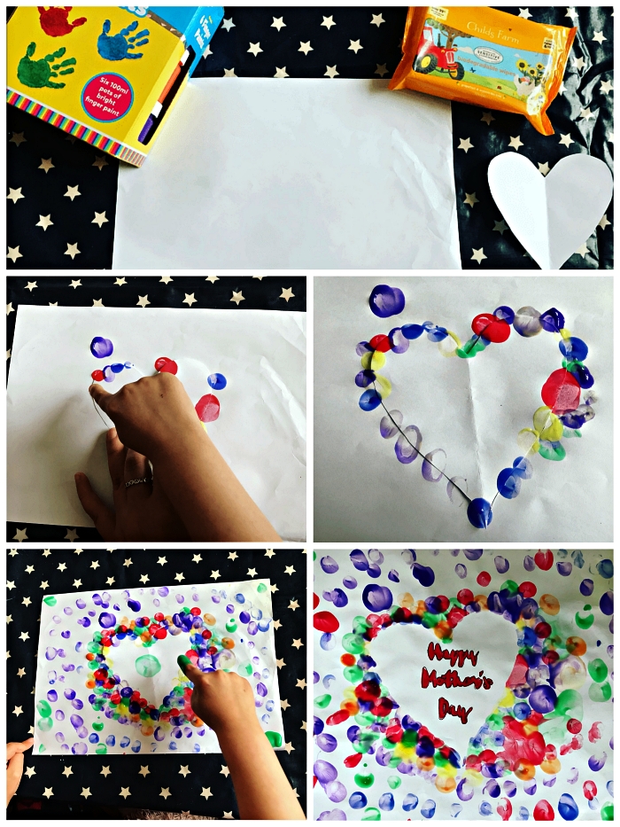 dessin coeur spécial fête des mères réalisé avec des empreintes de doigts de couleurs différentes, idée de bricolage pour la fete des meres maternelle