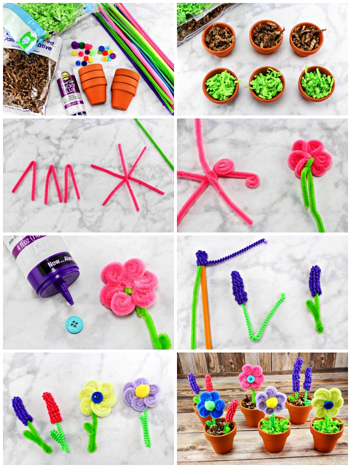 cadeau fête des mères à fabriquer soi-même, des mini-pots avec fleurs en cure-pipes à faire avec les enfants dès le plus jeune âge