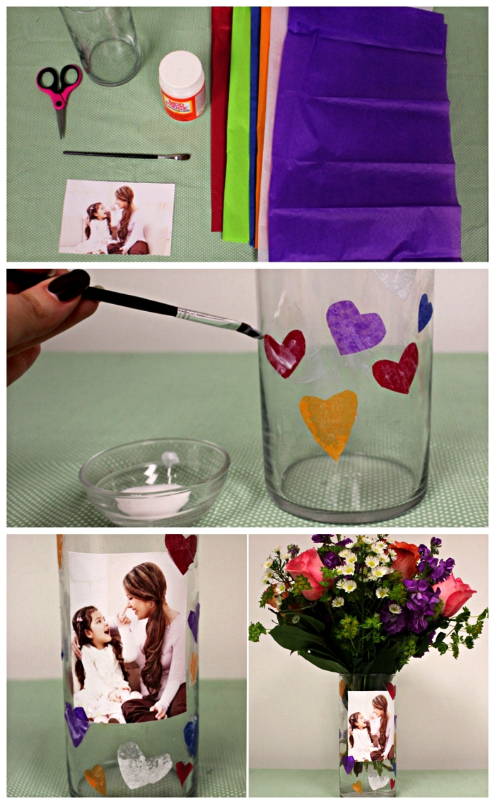 bricolage fête des mères pour tout petit, un vase en verre personnalisé avec une photo, agrémenté de petits coeurs en papier de soie