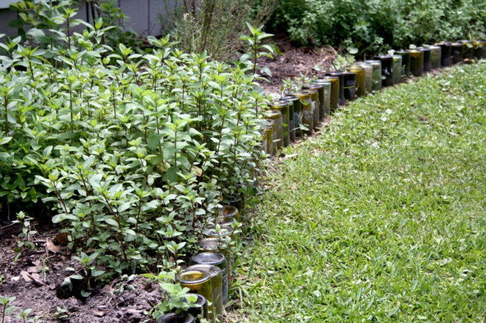 pelouse verte, bordure de massif en bouteilles multicolors, parterre de jardin à bricoler