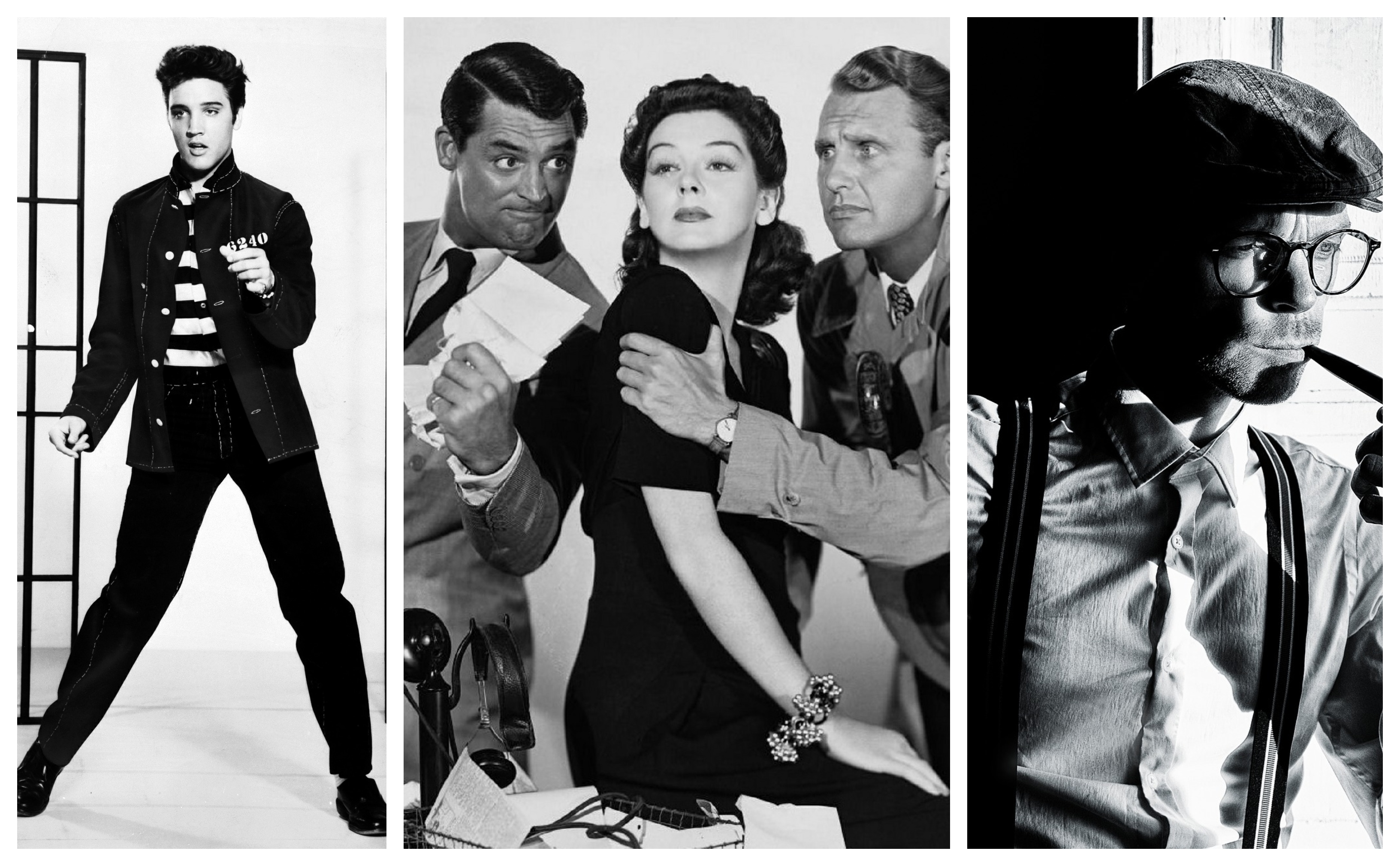 Elvis, Cary Grant, James Dean, les icones du cinema des année 50, collage photographie noir et blanc iconique
