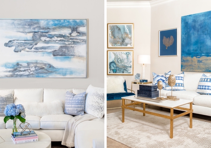 exemple comment décorer un salon blanc et bleu dans l'esprit marin, idée pièce d'art pour faire une décoration murale océéanique