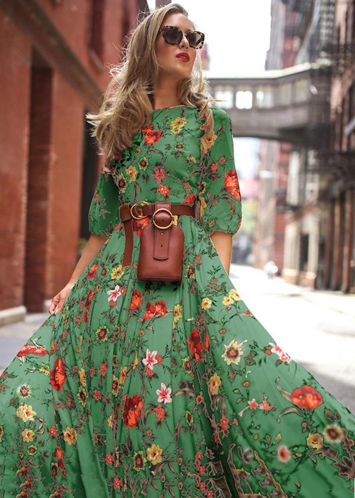 Vert robe fleurie manche longue jupe longue evasee, robe hippie, robe fluide femme, robe longue d'été