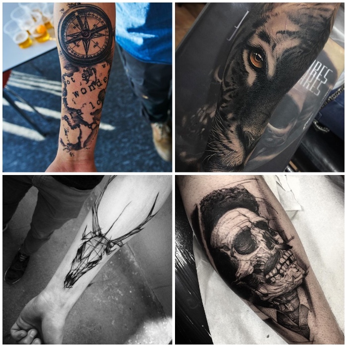 boussole, crâne, tigre et cerf, plusieurs idées de tatouages pour homme sur le bras