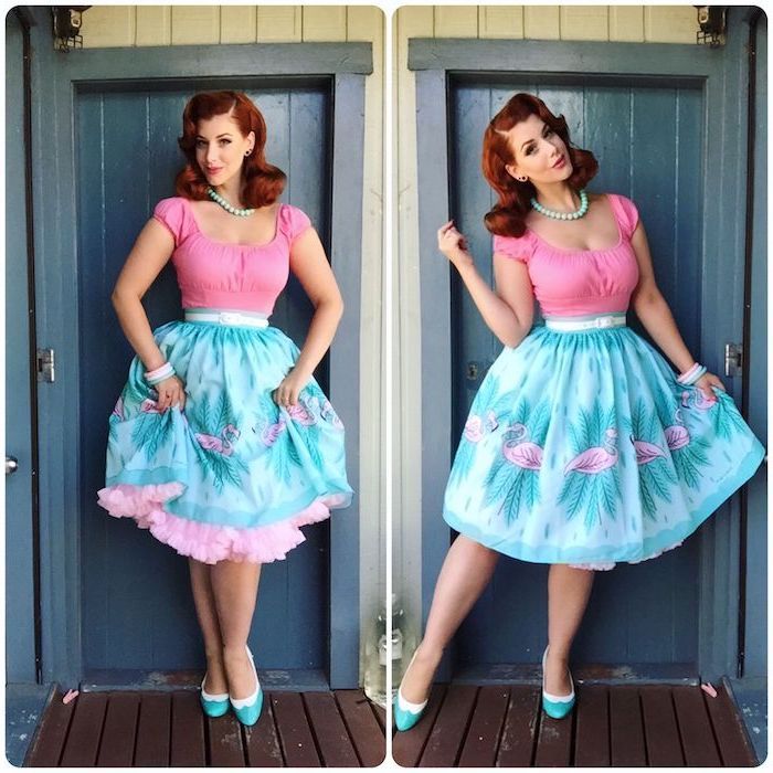 Ariel des annees 50, robe bleu et rose, robe vintage année 50, mode années cinquante