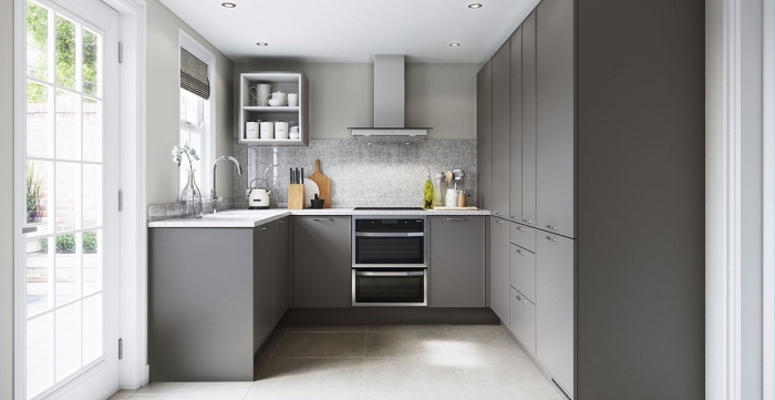 idée aménagement cuisine, quelle couleur avec le gris dans une cuisine, modèle cuisine ouverte sur trois murs