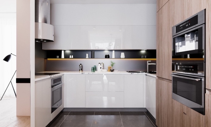design intérieur contemporain dans une cuisine blanche, idée rangement mural avec étagère en noir et éclairage led