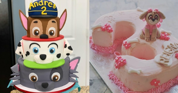 gateau chien original à thème pat patrouille, gâteau glaçage rose poudré avec figurine pat patrouille