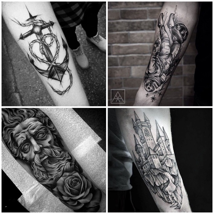 tatouages graphiques symboliques avant bras homme, ancre, portrait, squelette cosmonaut et château