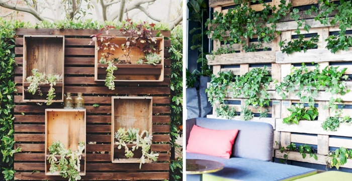 comment aménager un jardin avec mur végétalisé, déco jardin avec mobilier canapé et table café devant un mur en bois palette