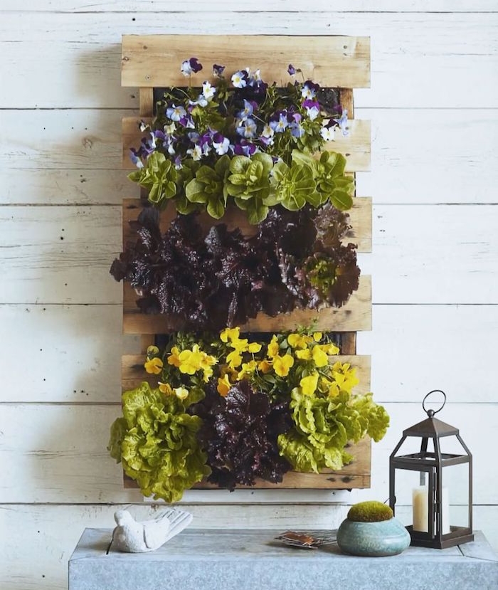comment habiller un mur d un mur vegetal exterieur en lattes de palette de bois et des fleurs décoratives