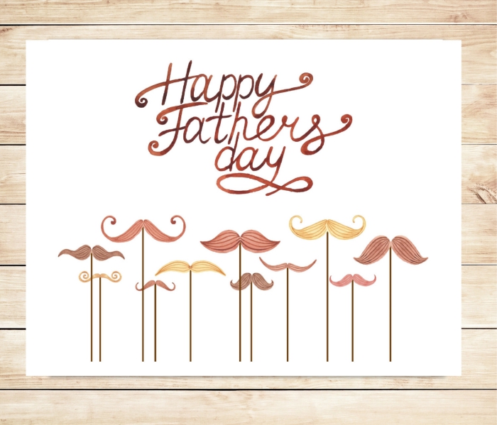 exemple de carte DIY aux illustrations avec moustaches et lettres bonne fête papa, bricolage fête des pères facile