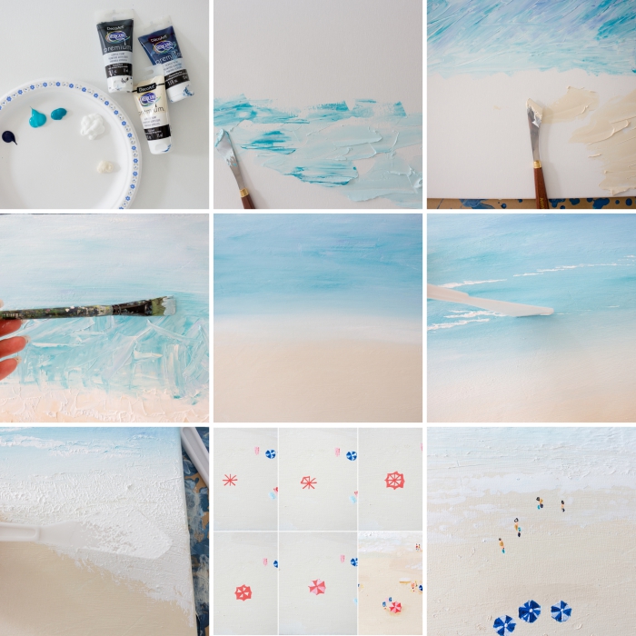 apprendre à réaliser un paysage océanique, idée peinture aquarelle à faire soi-même, tutoriel peinture facile plage