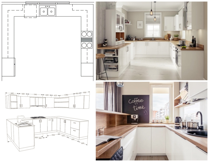 idée disposition cuisine en forme U, aménagement petite cuisine en trois zones avec plan de travail en bois et meubles blancs