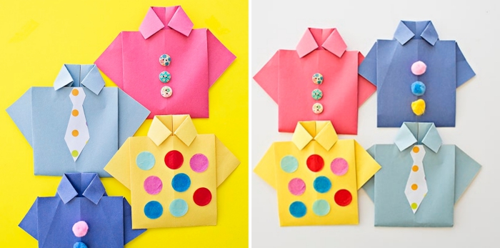 technique origami facile, idée carte en papier cartonné forme chemise avec cravate, bricolage fête des pères facile