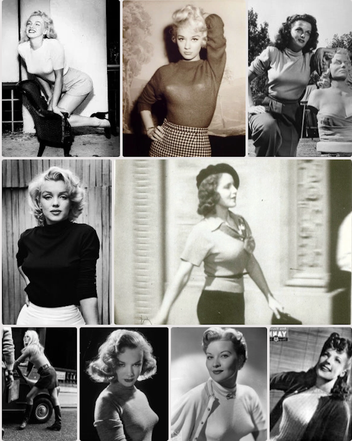 Collage des femmes tenue pin up pantalon et pull avec soutien gorge année 50 pointu, idée comment les femmes du milieu de siècle s'habillées