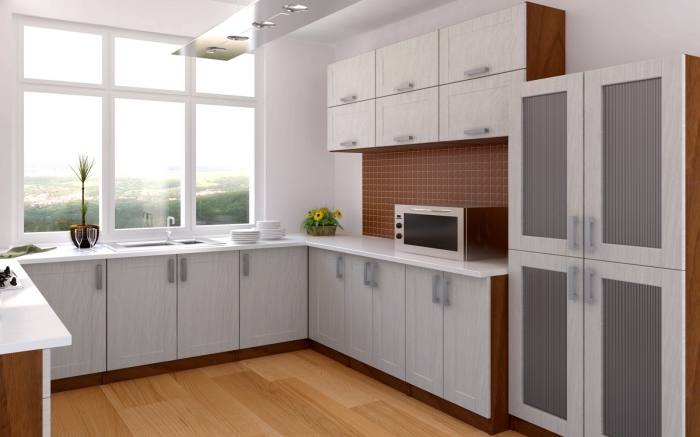 décoration de cuisine blanche et bois, idée couleur cuisine en forme de u avec fenêtres, exemple armoires cuisine avec poignées grises