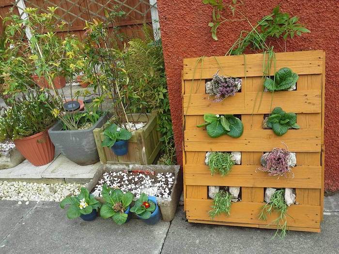 que faire avec des palettes de bois, idee pour cultiver salades fraiches et herbes à la verticale