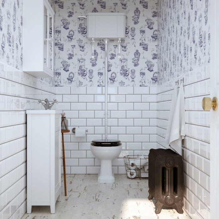 faience toilette blanc, papier peint de toilette, wc noir et blanc, miroir placard, déco toilettes vintage