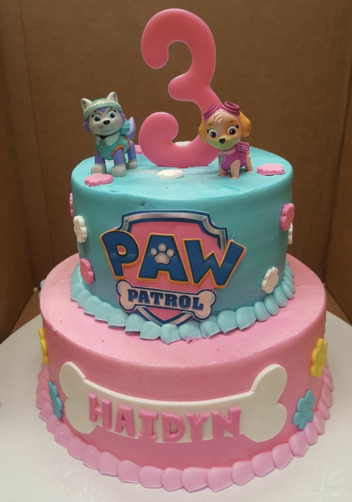 gâteau pat patrouille pour anniversaire de fille, deux figurines, gateau en bleu et rose