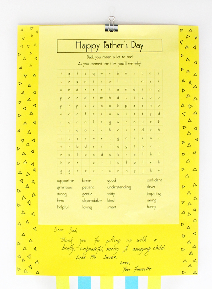 modèle carte de fete originale à faire soi-même, exemple de tableau puzzle avec mots pour la fête des pères