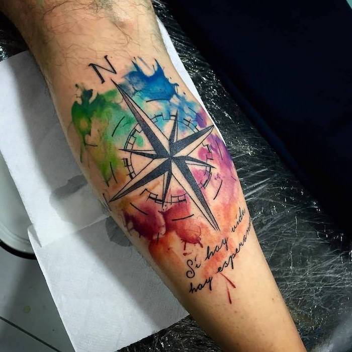 boussole, tatouage voyage sur fond coloré aquarelle et citation de voyage en dessous