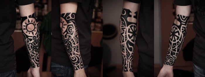 tatouage avant-bras tribal avec soleil et accents floraux et géométriques, dessin encre noire sur la peau