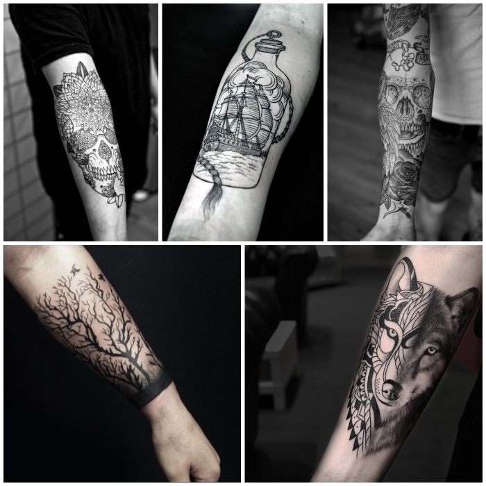 tatouage homme original avec détails compliqués, tatouage loup, arbre aux branches noires, bouteilles, crâne et fleurs