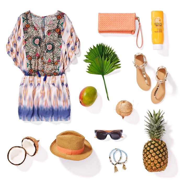 comment composer la tenue d'été femme parfaite, tunique etnique à taille élastiquée assortie à des accessoires de plage tendance