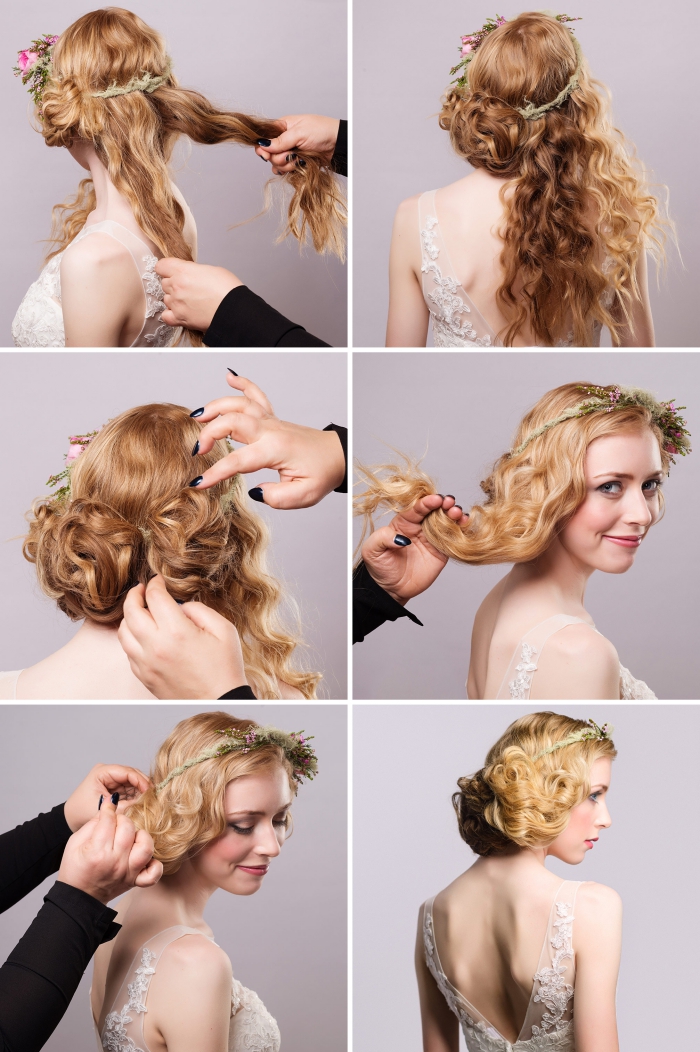 comment faire un chignon de mariage sur le côté avec accessoire fleuri, exemple chignon bas sur cheveux longs et bouclés