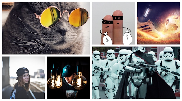 Cool chat avec lunettes rondes, deux doigts animés comme voleurs, stormtroopers et tout ce qui est swag sur un collage chouette
