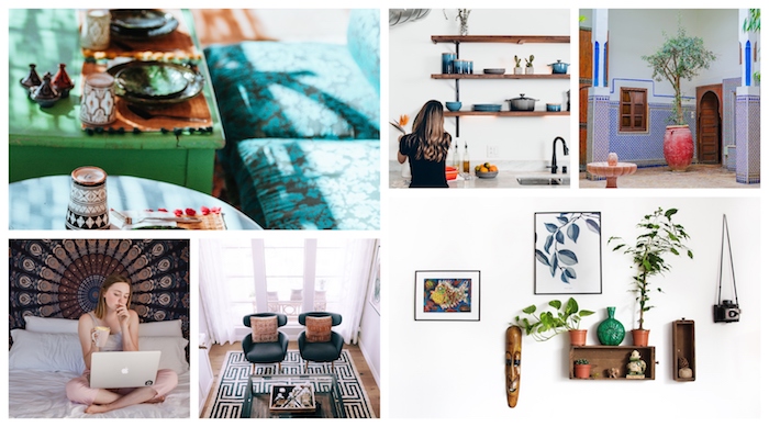 Collage deco boheme, tapis berbere, deco ethnique, cool idée décoration coloré, le vert et le bleu dans la salle à manger et le salon 