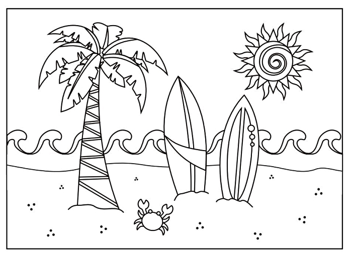 coloriage maternelle sur le thème de la plage et des vacances, activité de coloriage enfants pour les vacances, coloriage plage à dessins palmier, plaches de surf et petit crabe
