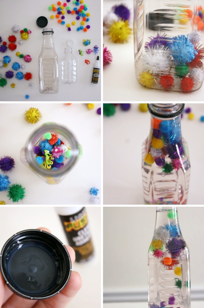 fabriquer des bouteilles sensorielles faciles, tutoriel comment remplir une bouteille en plastique avec eau et pompons