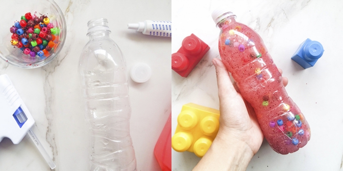 bricoler dans une ambiance montessori, loisir créatif pour petits, recyclage bouteille plastique en jouet bébé montessori
