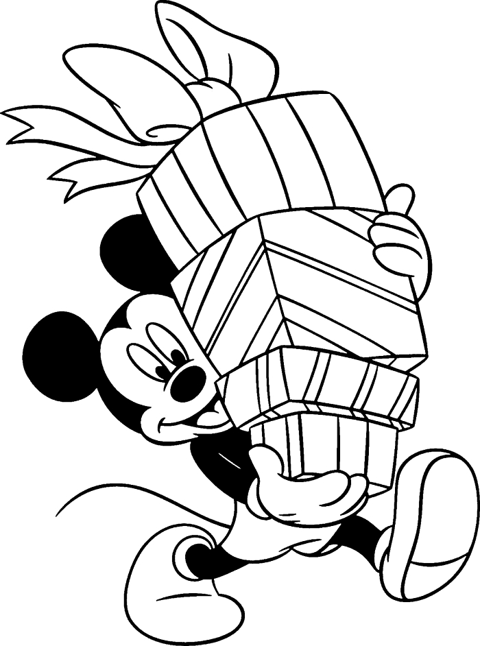 dessin à colorier sur le thème de noël avec mickey mouse tenant des boîtes cadeaux, coloriage disney pour noël coloriage dessin animé