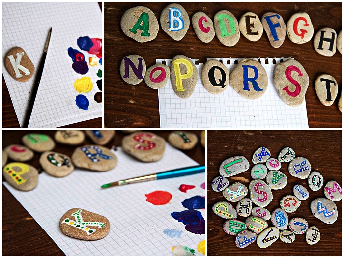 que faire pendant les vacances pour occuper les enfants, peindre les lettres de l'alphabet sur des galets