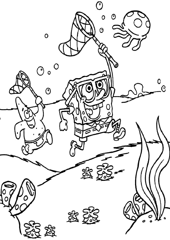 coloriage dessin animé l'éponge bob et patrick jouant au fond de la mer, dessin gratuit à imprimer et à colorier