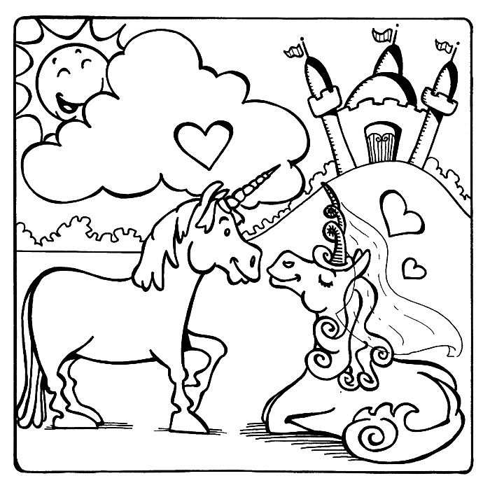 dessin a colorier avec deux petites licornes amoureux et un château, coloriage facile pour les tout petits