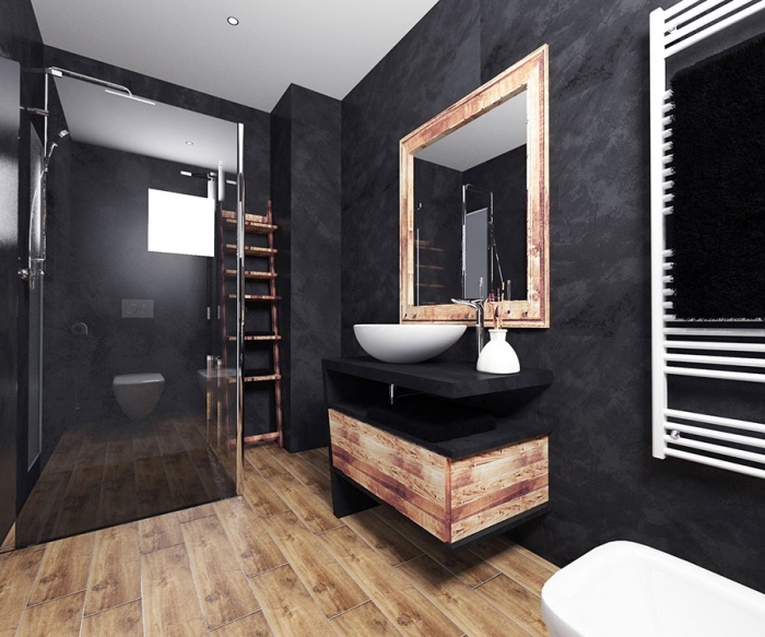 décoration salle de bain noire au plafond blanc avec plancher imitation bois, modèle meuble sous vasque en noir