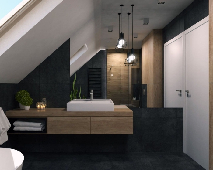 décoration salle de bain sous combles à design moderne, modèle salle de bain aux murs gris anthracite et meubles bois
